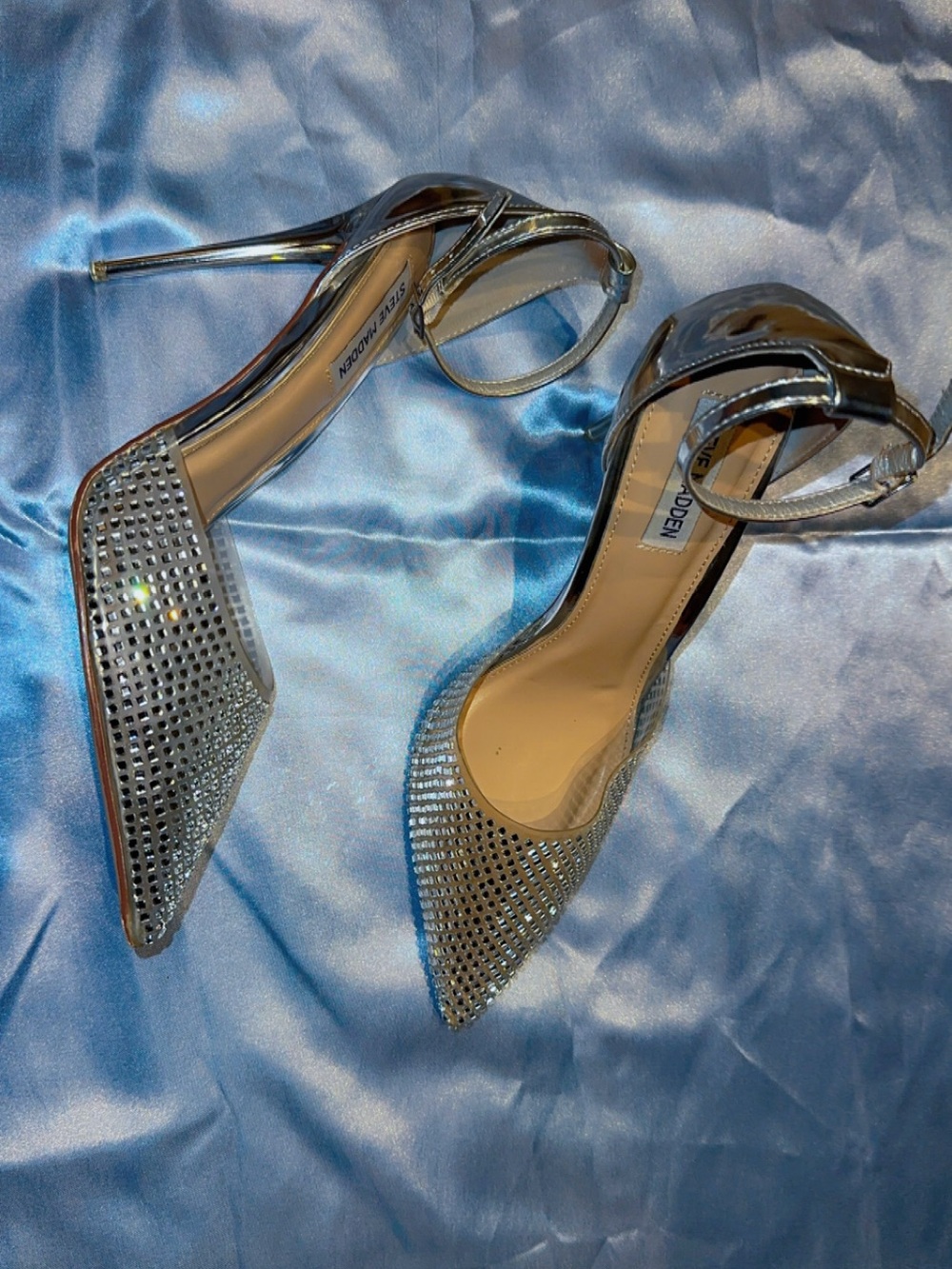Steve Madden Silver Crystal Pointed-Toe Ankle-Strap Heels - Worn once!